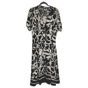 Rubienn Medium Black and White Abstract Flower Print Shirt Dress Retro Style